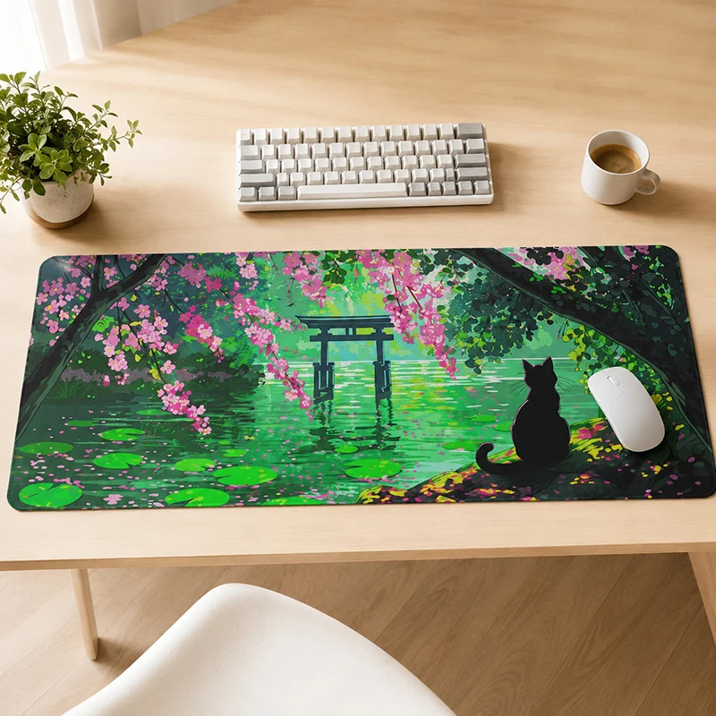Emerald Pond Torii Black Cat Mouse Pad Gaming printon demand Mousepad XXL Desk Mats Office Carpet Non-Slip Desktop Mouse Pad