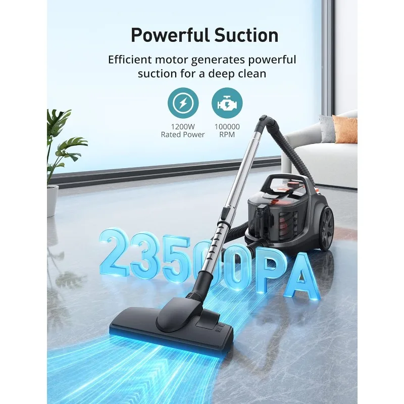Canister Vacuum Cleaner, 1200W Bagless Vacuum Cleaner with 3.7Qt Large Capacity, HEPA Filter, Auto Cord Rewind, 5 Tools