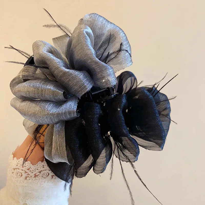 女性用プリーツメッシュヘアクリップ,弓,羽,アクリル,用途の広いアクセサリー,豪華なファッション,新しい