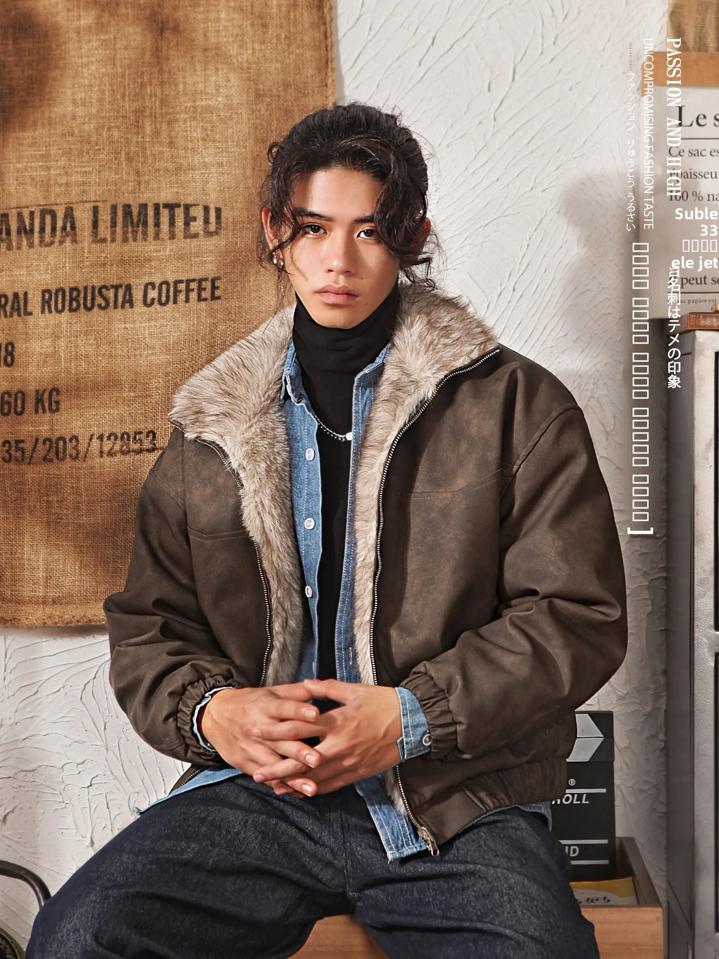 

Retro Japanese Sle Men's Jaet Two-Sided Wear PU Leather Cotton Coat Fur Simulation Mountain Eagle Design Casual Coat