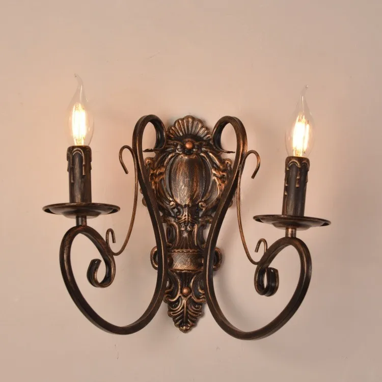 Vintage European Candle Antique Bronze Carved Metal Scroll Arm Candle Holder Wall Lamp for Bedroom Hallway Villa Hotel B&B Decor
