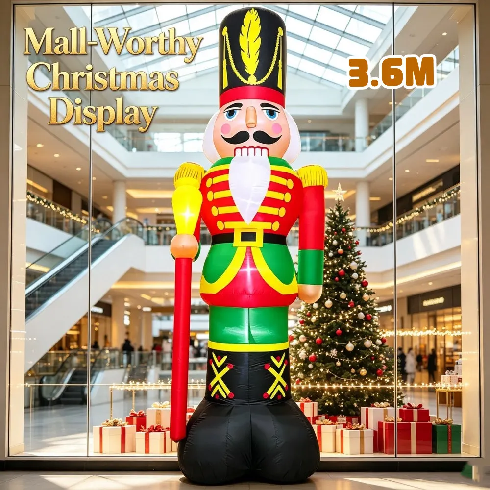 12FT High Christmas Inflatable Nutcracker Soldier Built-in LED Lights Indoor Outdoor Shopping Mall Showcase Square Decoration
