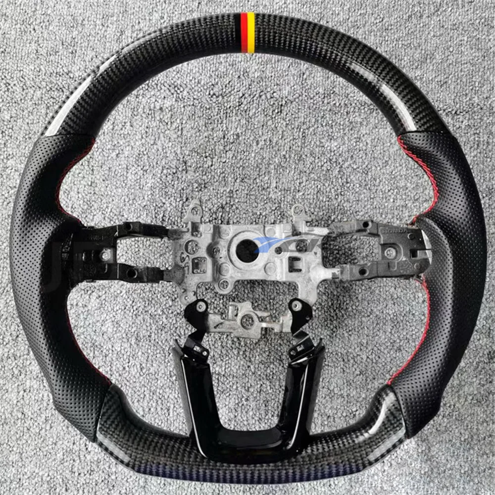 

Black Perforated Leather Custom Carbon Fiber Red Strip Steering Wheel for HONDA CIVIC 2016-2021