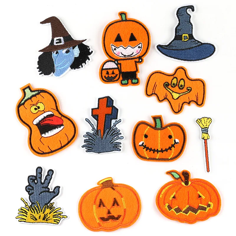 

11Pcs Cartoon Yellow Pumpkin Halloween smiling face sticker embroidery iron On Patch for sew Clothing applique DIY accessories