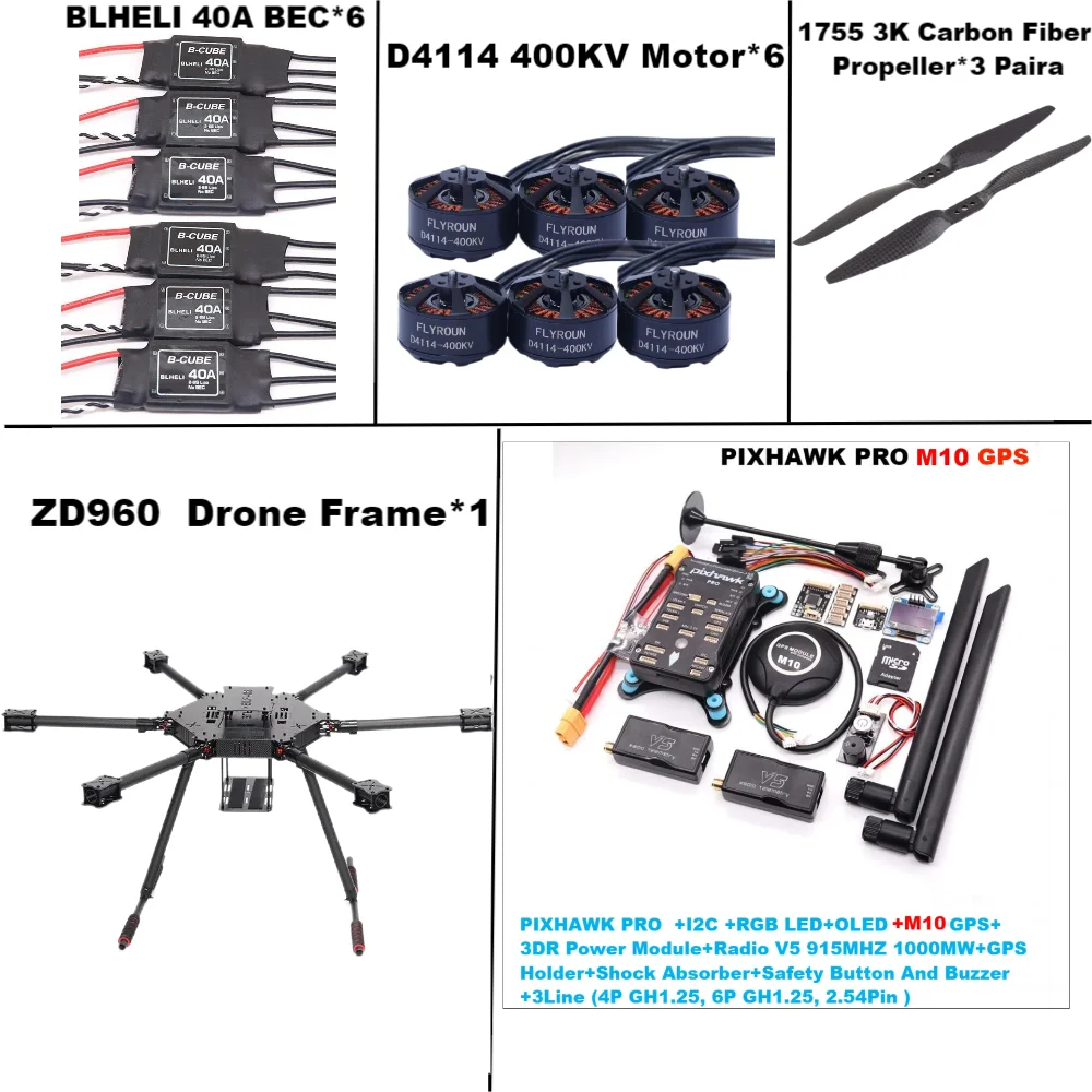 ZD960 PIXHAWK PRO M10 Full Carbon Fiber  Hexa-Rotor Frame BLHELI 40A ESC Flight Comtrol Rado Telemetry Set