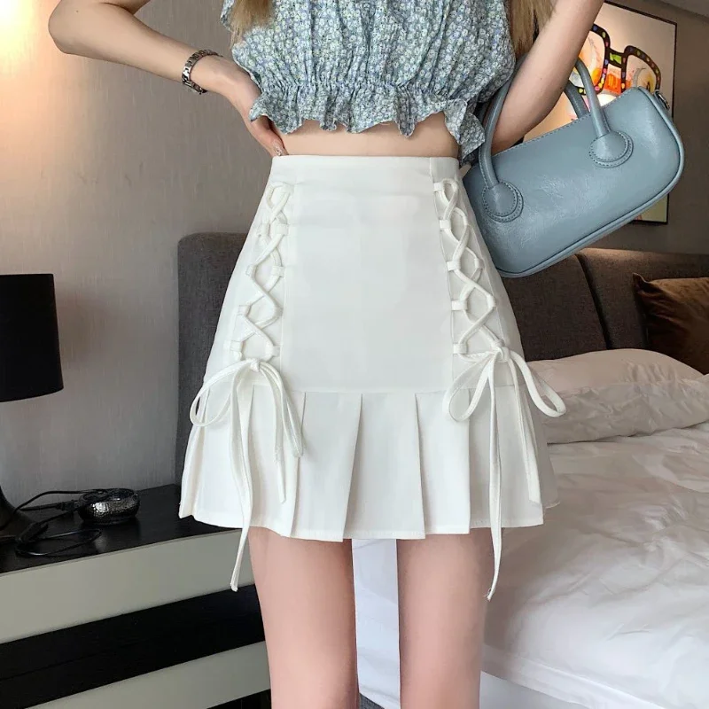 Strap Bow Pleated Skirt Sexy Spice Girl Design Sense High Waist Pleated Skirt 2025 Spring and Summer Girlish Style Women's Dress