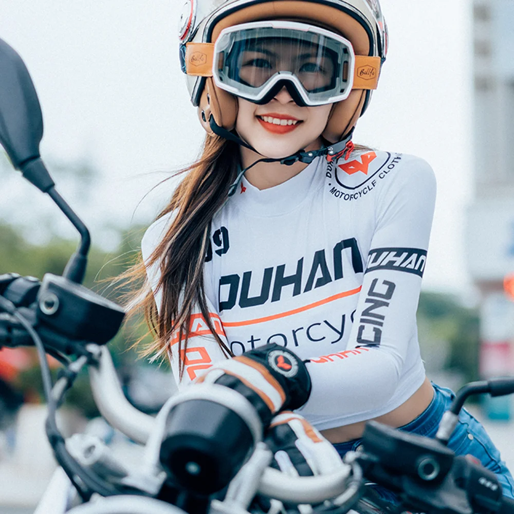 Camiseta de motocicleta de verano para mujer, Camiseta corta de manga larga de cintura alta, Top Sexy para chica