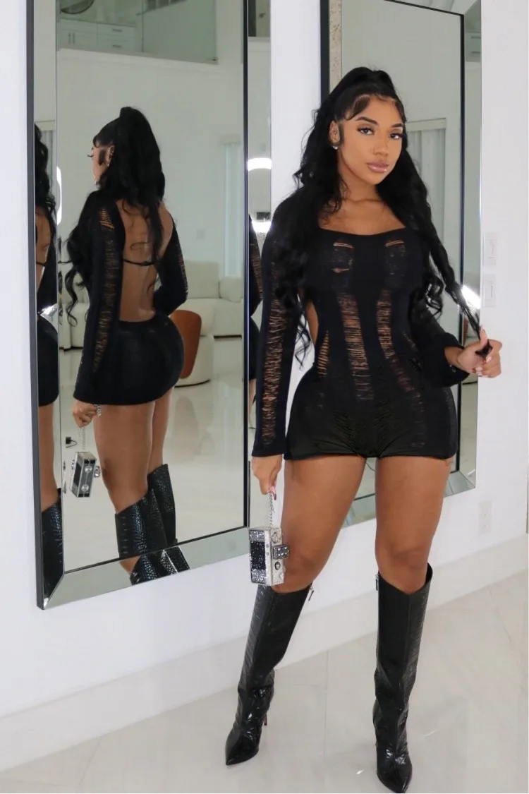 Leosoxs Rip Romper Women See Through Summer One Word Collar Backless Sexy Skinny Fitness Playsuit Activity Party Clubwear