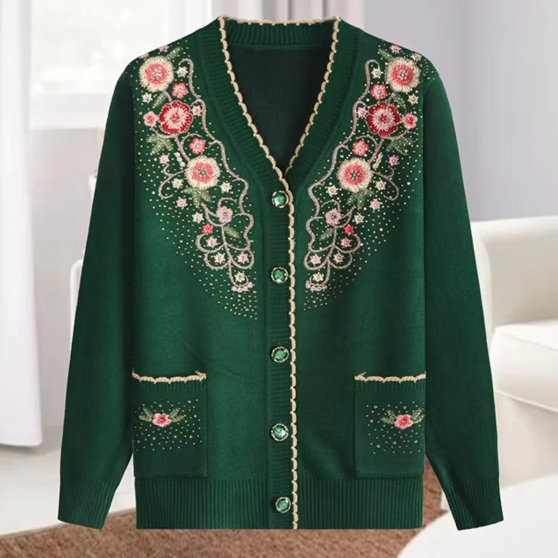 New Casual V-neck Long Sleeve Coats Female Knitted Sweater Spring Autumn Middle-aged And elderly Women\'s Sweater Cardigan Jacket