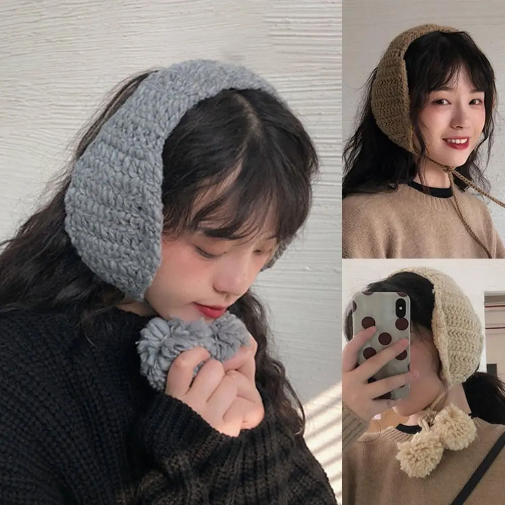 Orejeras de punto de felpa gruesas con bola de pelo Protector de oído diadema Color sólido protección de oído cubierta de oreja de invierno Otoño Invierno