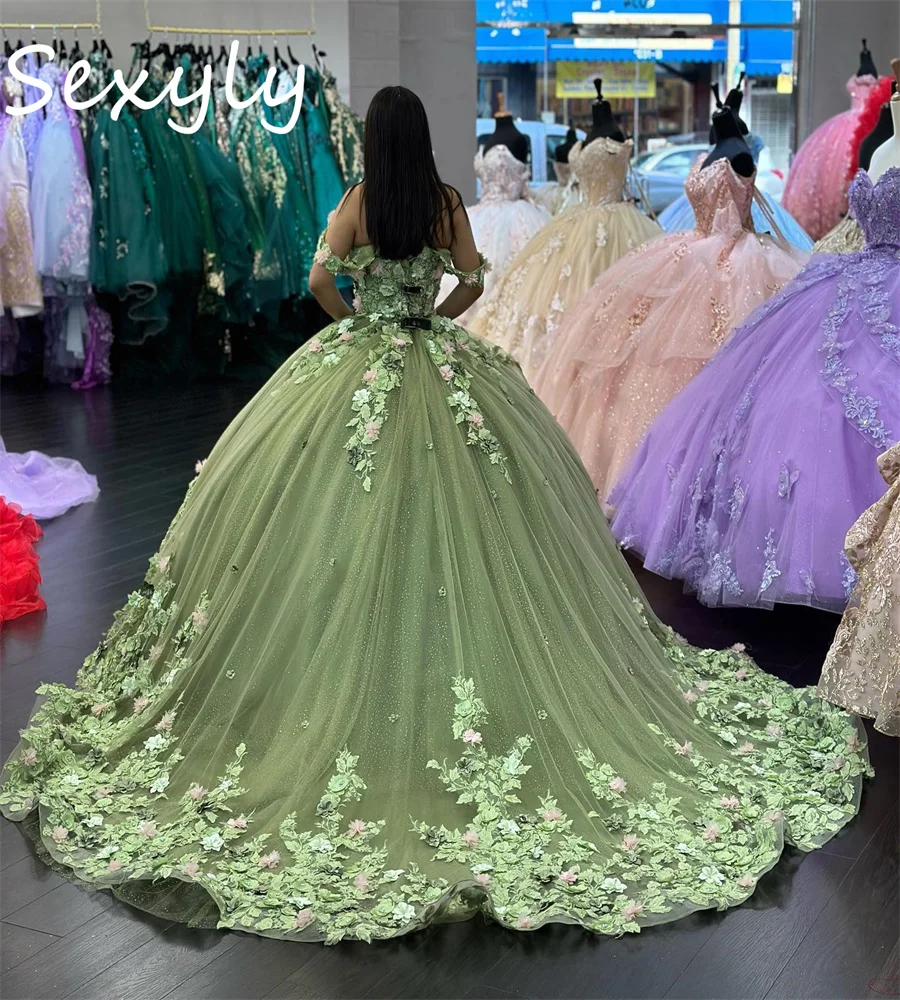 Sparkle Sage Green Quinceanera Dresses Charro Xv Mexican Vestidos De 15 Anos Lace Up 3D Floral Birthday Party Gown Customized