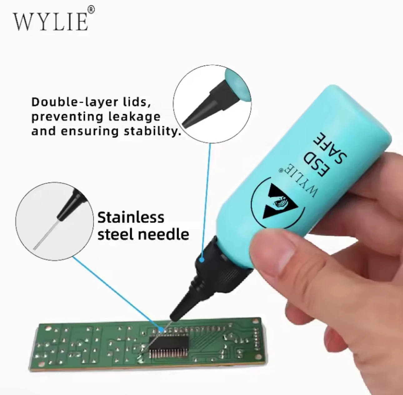 WYLIE 60ml ESD SAFE Solvent Bottle Double Cap Leak-proof for Mobile Phone Repair Alcohol Glue Solution Solvent Dispensing Tool