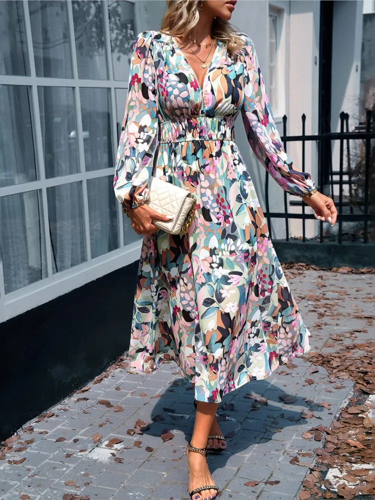 

Summer V-neck Waisted Floral Dress Women's Vacation Casual Temperament Elegant High-waisted Printed Commuting Long Skirt