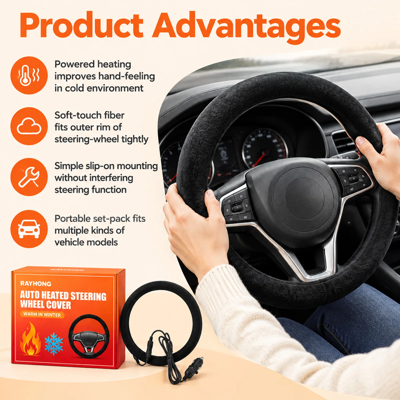 1PC Auto Heated Steering Wheel Cover Improve Comfort Durable Low Temp Heating Fiber Steering Wheel Wrap for Winter Warm Keeping