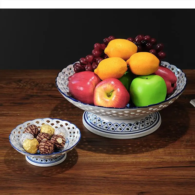 Blue and White Porcelain Fruit Plate Hollow High-leg Ceramic Dish Bowl Snack Tray Chinese Style Ornaments