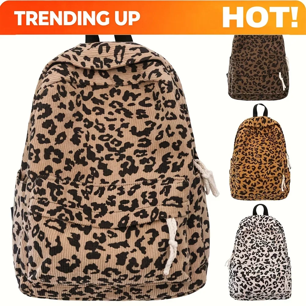 Custom Bag Fashion Leopard Corduroy Backpack - Large Capacity Laptop Bag With Adjustable Shoulder Straps, Multiple Compartments