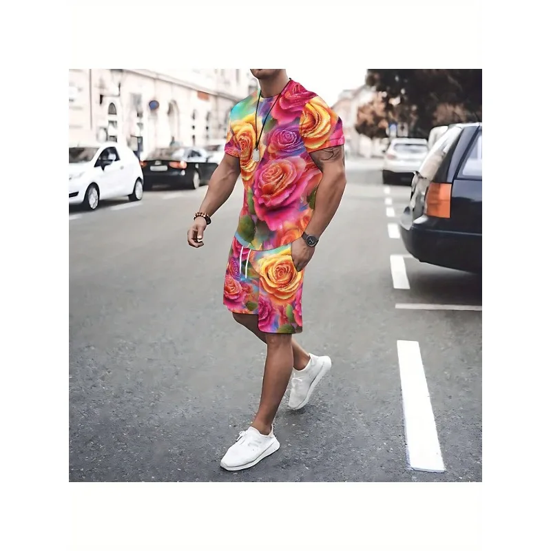 2025 Fashion Men's Round Neck Short Sleeved T-shirt Shorts 2-piece Set Summer Casual 3D Printed Sports Polyester Fiber Set