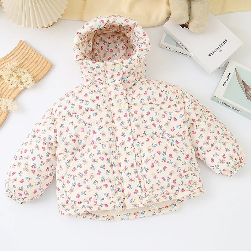 

New Girls' Cotton Coat with Western Style Floral Patterns, Children's Winter Cotton Coat, Baby Hooded Thick Cute