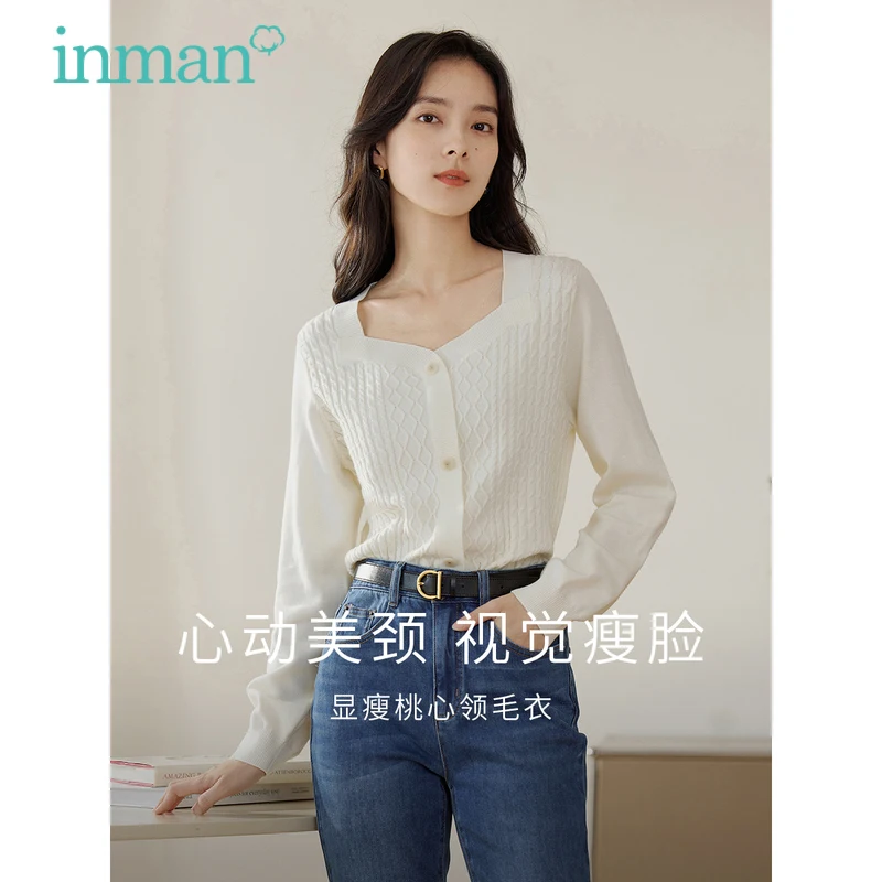 

INMAN Women Knitwear 2023 Spring Long Sleeve Square Neck Slim Stretch Sweater Vertical Stripe Texture Fashion Commuting Tops