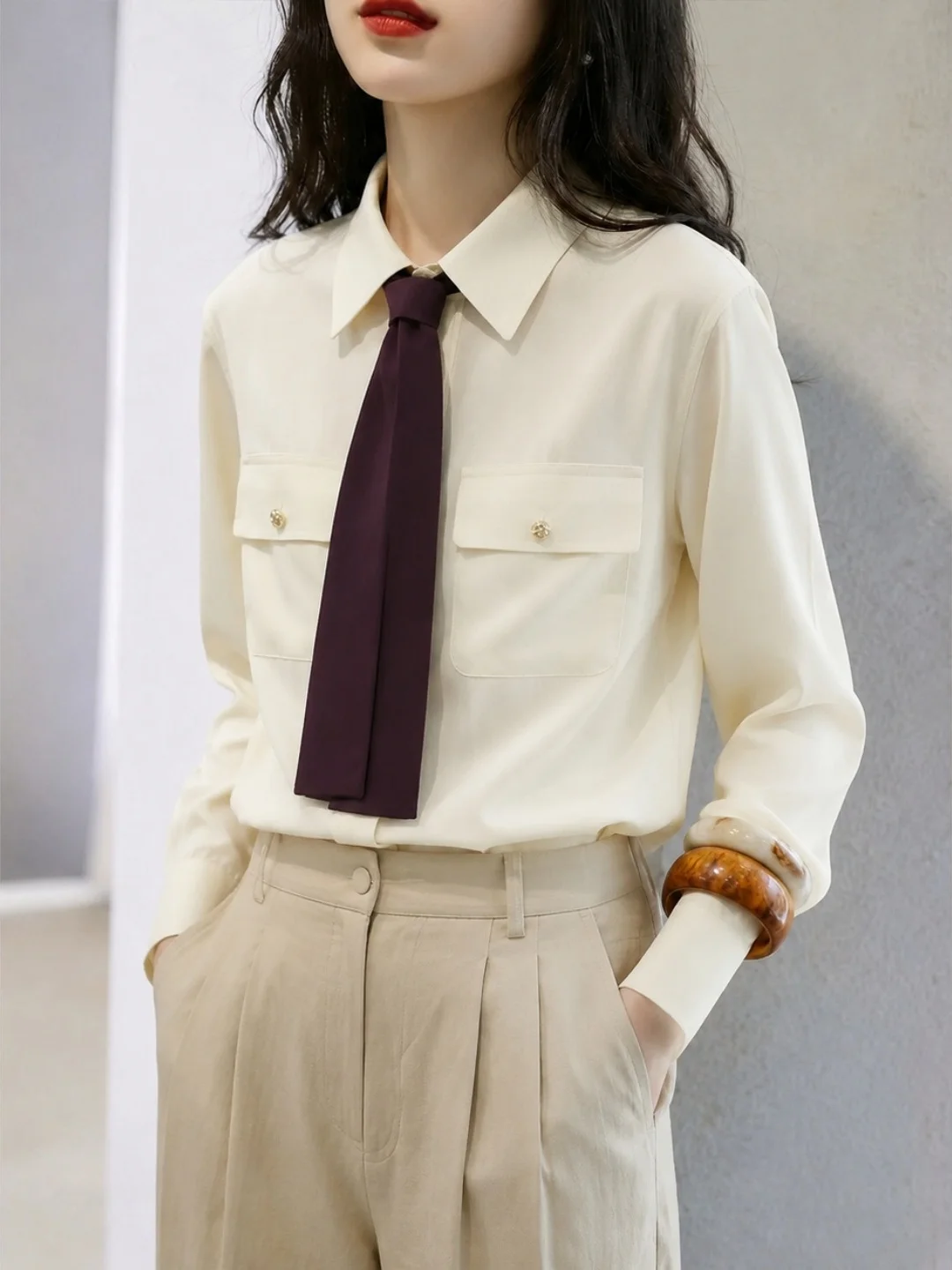 Fashionable Long Sleeve  Neck Shirt Women's Commute Style Sun Protection Clothing Straight Cut Adult Female Fashionable