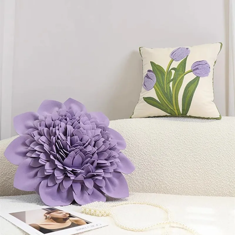 

Purple Round Pillow Cover 45x45cm Nordic 3D Hand-made Flower Cushion Cover The Bedroom Living Room Sofa Home Decoration