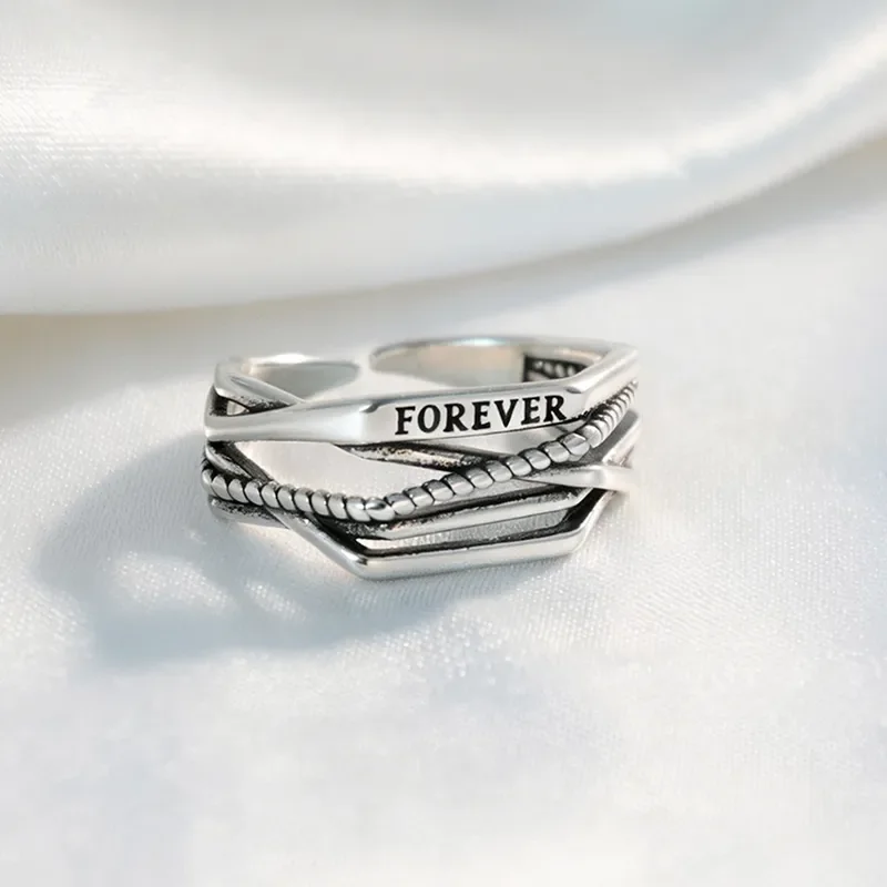 Men's Single Ring Trendy Ins Style Hip Hop Index Finger Ring Retro Old Open Ring Multi Layer Wrapped Letter Ring Jewelry