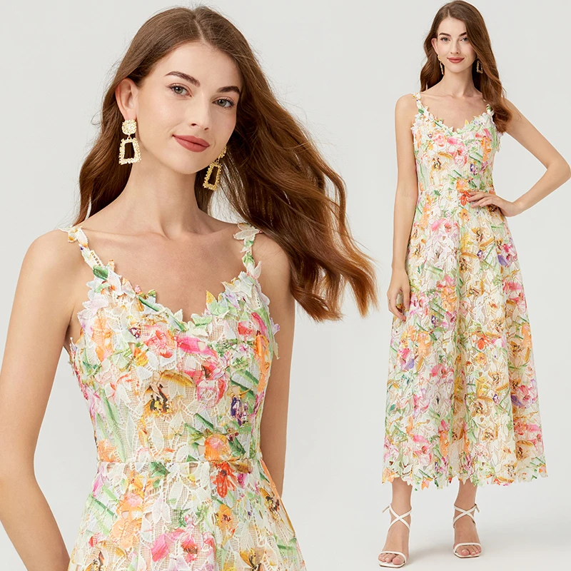 Feminino elegante vestido longo sem encosto estampa floral, decote V, cinta de espaguete, oco fora, feriado, festa, Midi, francês, verão