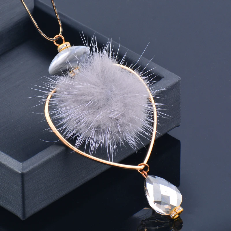 SINLEERY Acrylic Blue pink gray Mink Hair Pendants and necklaces Long Necklace For Women Fashion Jewelry