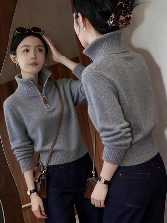 Oule Blanco Cuello alto Base de punto irt Mujer Color Blo f Zip Camiseta larga Sve Mezcla de poliéster suave Camere