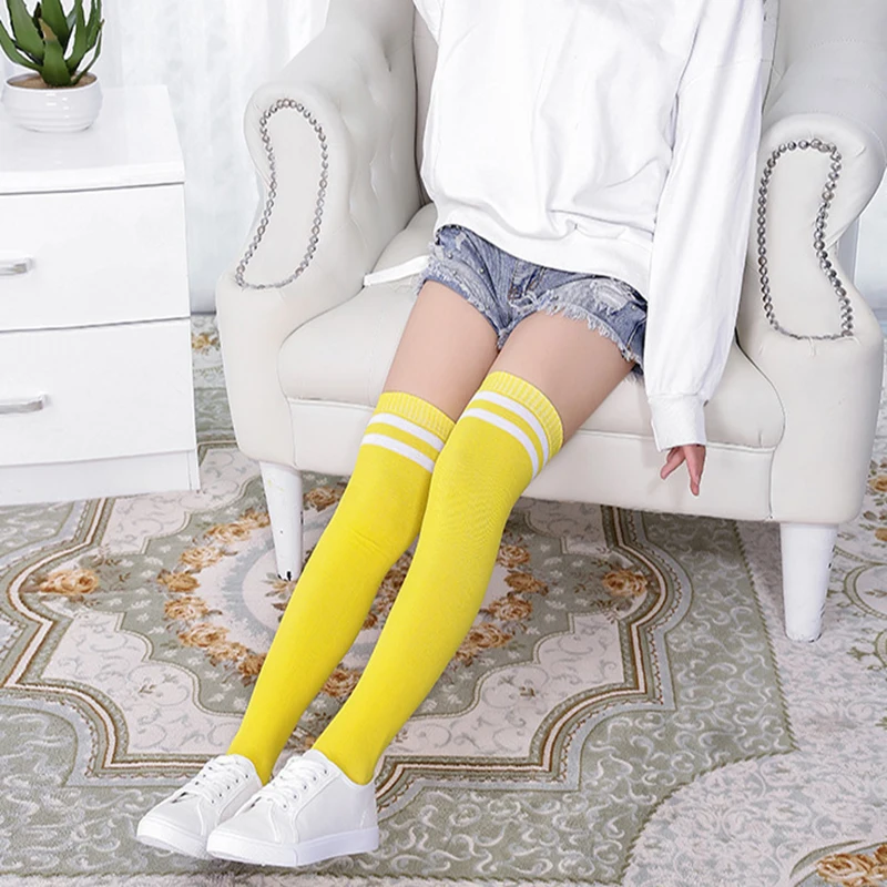 Women Stockings green yellow winter stripe long Socks Warmer Thicken for lady Girls over the knee socks JK thin leg knee-high