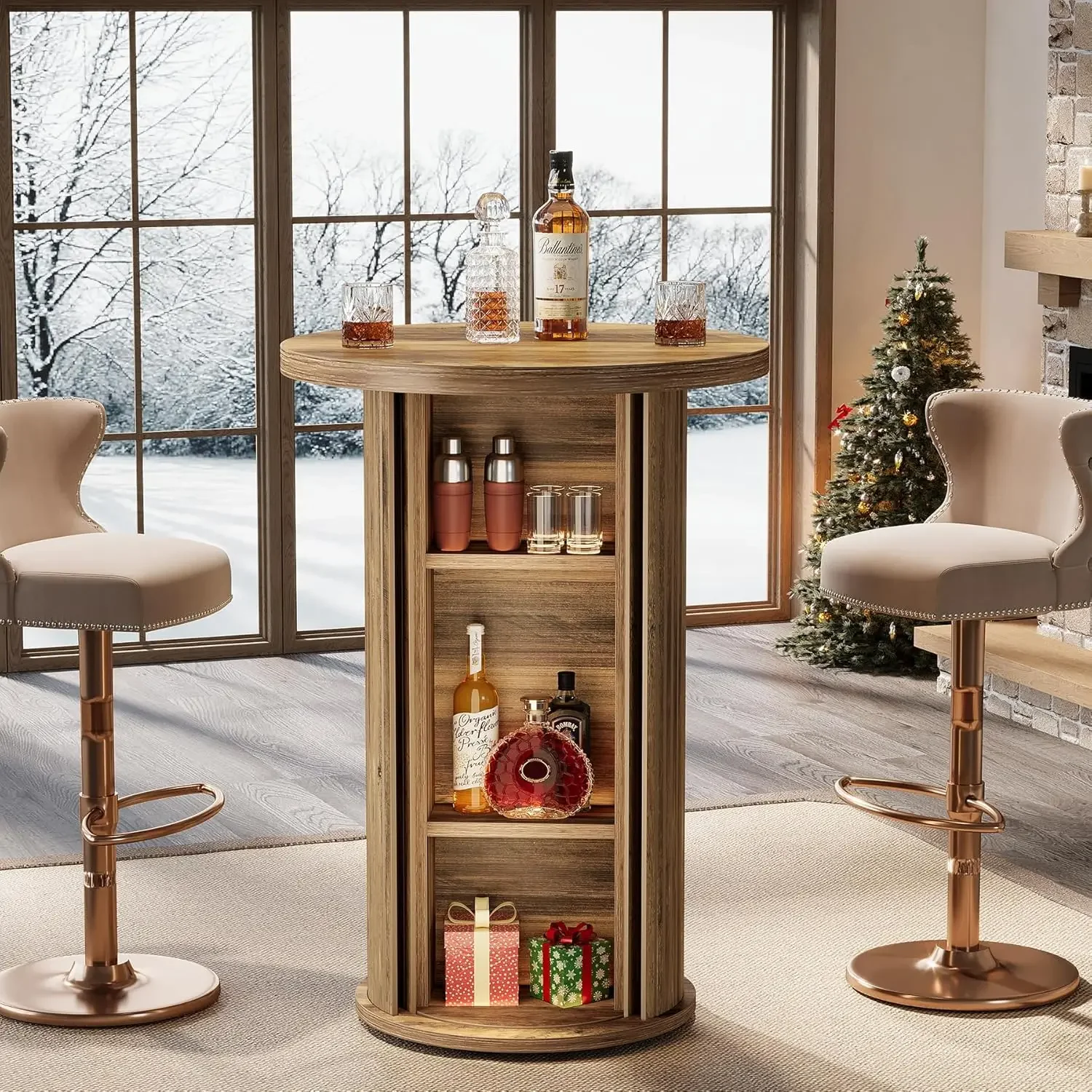 

Round Bar Table, 35.4" Rustic Cocktail Table with 3-Tier Hidden Storage Shelves, High Top Bistro Pub Table with Slide Door for S