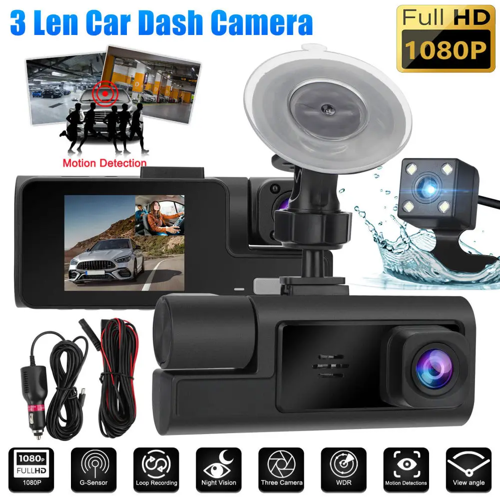 

3 Channel Car Dash Camera Front And Rear Inside 2-inch IPS Screen 1080P Night Vision Loop Recording DVR Recorder Loop Recording