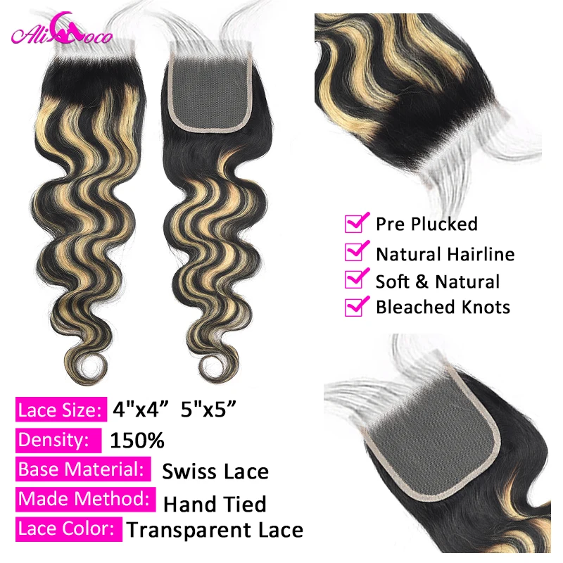 Upgrade Highlight P1B/27 Colored Human Hair Bundles With Closure 4x4 5x5 Body Wave Bundles With Closure Brazilian Hair Bundles