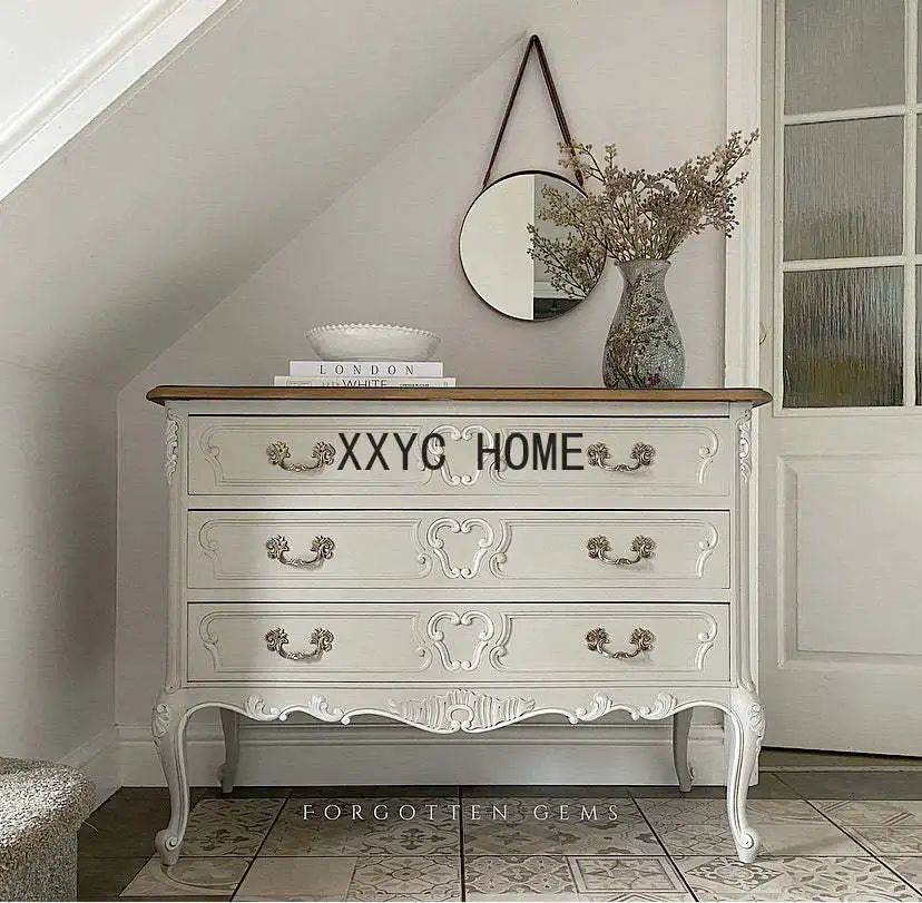 

French Solid Wood Vintage White Chest of Drawers Entrance Cabinet American Entrance Foyer Storage Shoe Cabinet