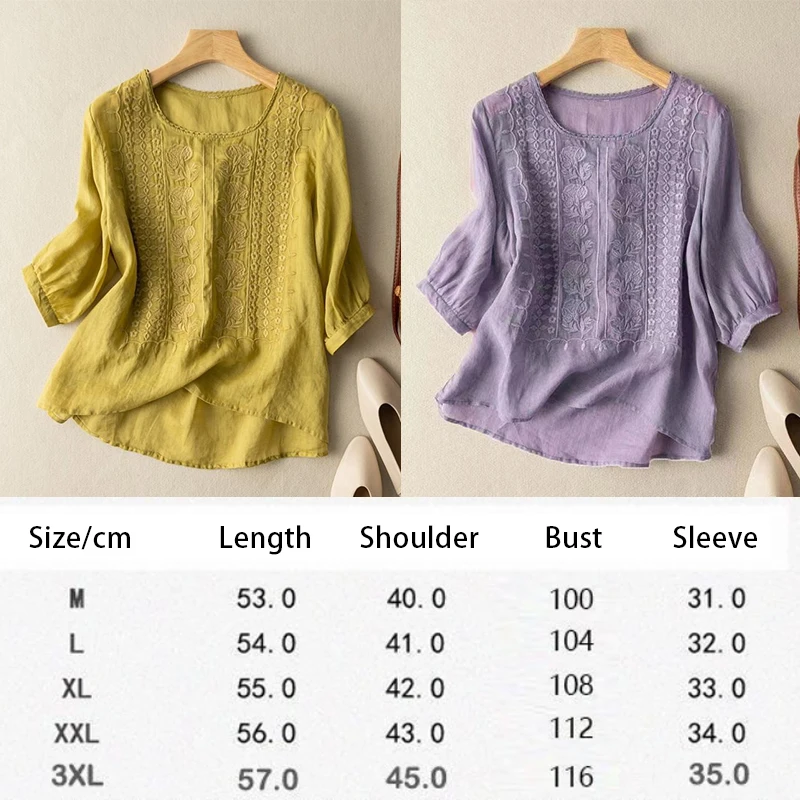 Women Embroidery Literary Retro Casual Loose T-shirt Summer Thin Half Sleeve Tops Tees Female Elegant Zen Tea Clothing