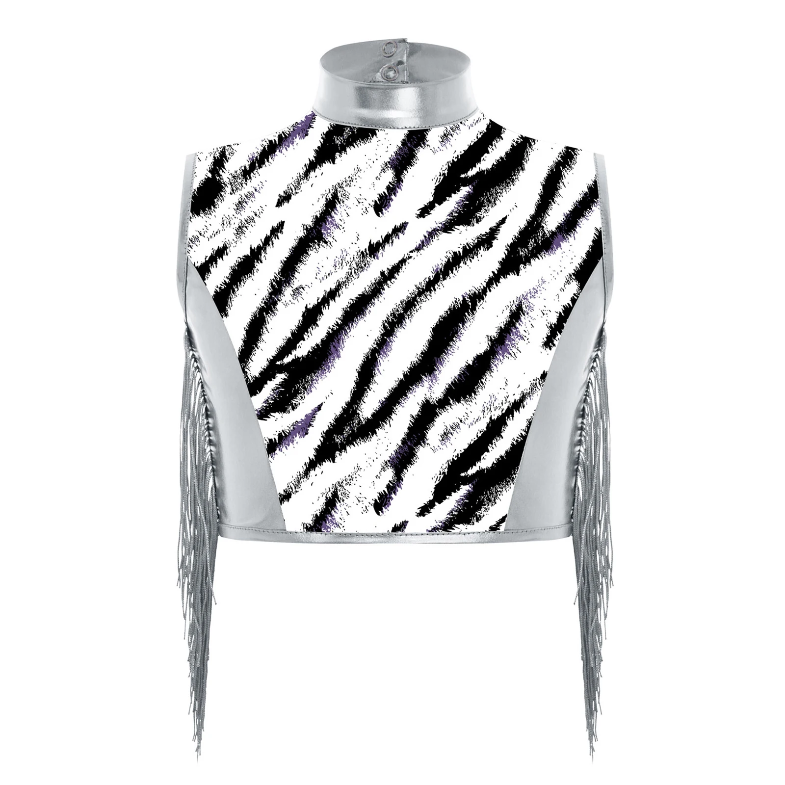 Jazz Dance Performance Costume Girls Ballet Gymnastics Set with Zebra Stripe Metallic Tassel Keyhole Back Crop Top and Shorts