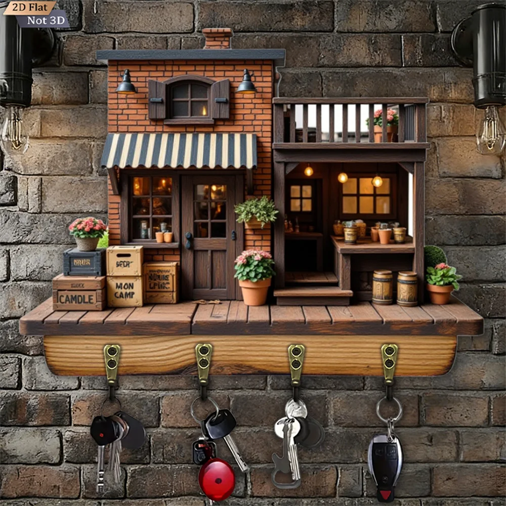 , 2D Flat, 1 Stück, Vintage-Shop-Stil-Schlüsselhaken, multifunktionaler Hausschlüsselhaken aus Holz, mit vier Metallhaken, Wanddekoration,
