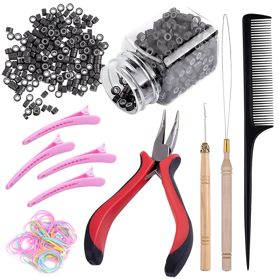 Micro Ring Hair Extensions Tools Kit 500 Pcs with Beads Plier Hook Needle Pulling Loop Alligator Clips Comb & Elastic Bands