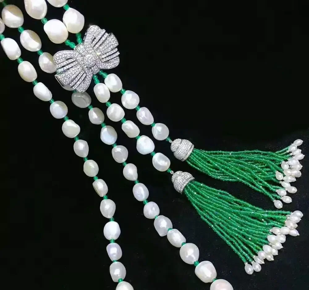 75-80cm 10-11mm white baroque freshwater pearl green stone necklace zircon bowknot accessories tassel pendant necklace