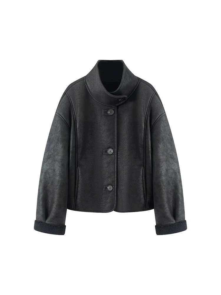 Fashion Women Casual Short Fur One-piece Coat Chic Winter Clothes Vintage Faux Leather Fur Jacket High Street Solid Warm Top