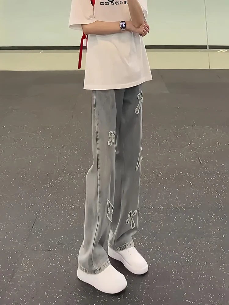 

Мужские синие джинсы в стиле американской уличной моды, зауженные прямые штанины, узкая модель, летние, трендовые, брендовые, стильные уличные брюки