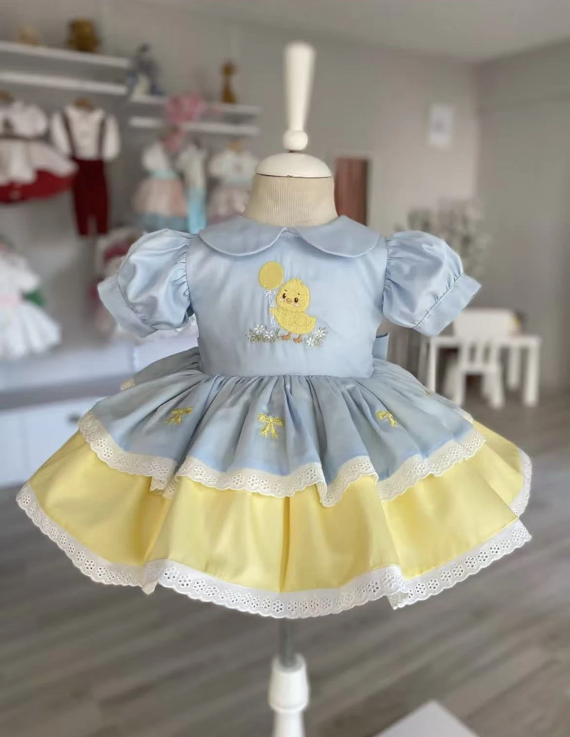 0-12Y Baby Girl Summer Light Blue Embroidery Vintage Princess Dress for Birthday Photography Holiday Eid B545