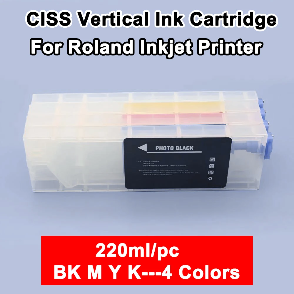 

4PCS 220ml CISS Vertical Ink Cartridge for ROLAND RA RE640 Eco-solvent Printer Continous Ink Supply System No Chip BC M Y K