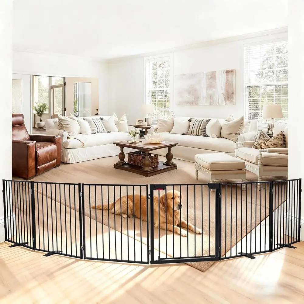 

Прочные металлические ворота для собак с 6 панелями, шириной 156 см, с автоматическим закрытием, идеально подходят для использования внутри и снаружи помещений, подходят для дома, веранды, террасы, двора.