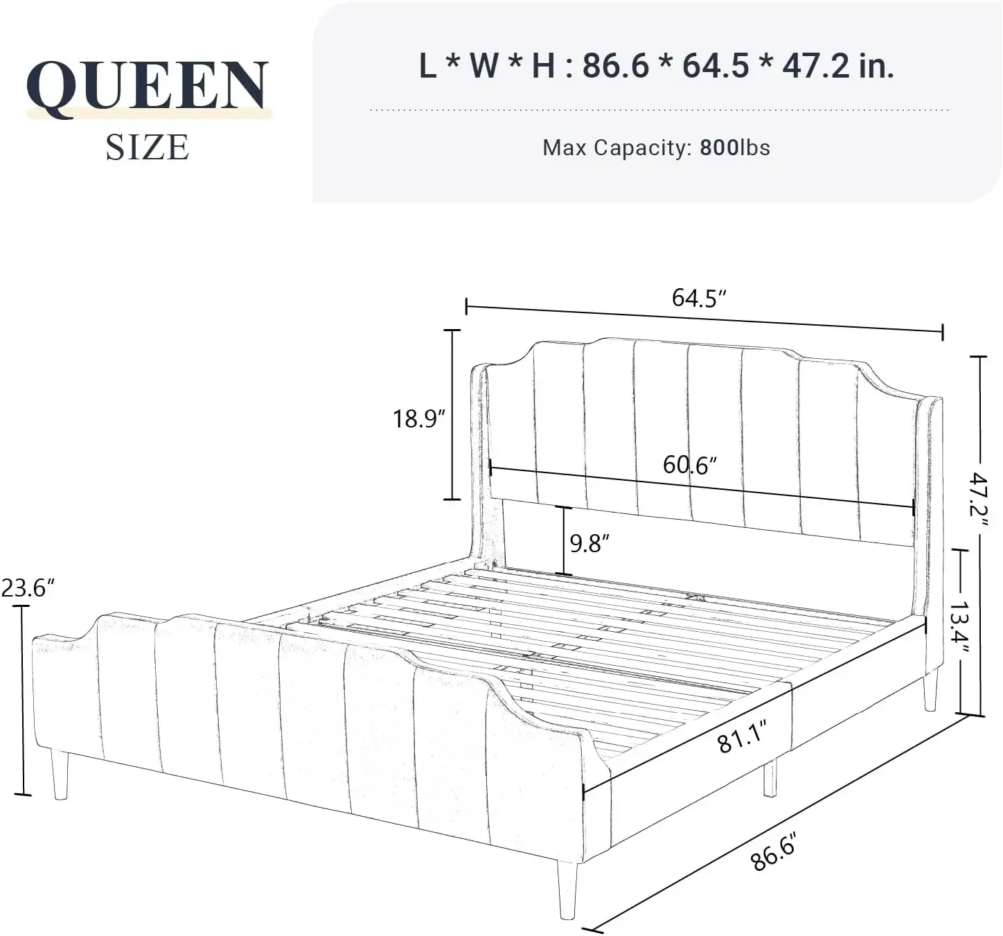 Queen Size Velvet Bed Frame Upholstered Platform Bed with Vertical Headboard and Footboard