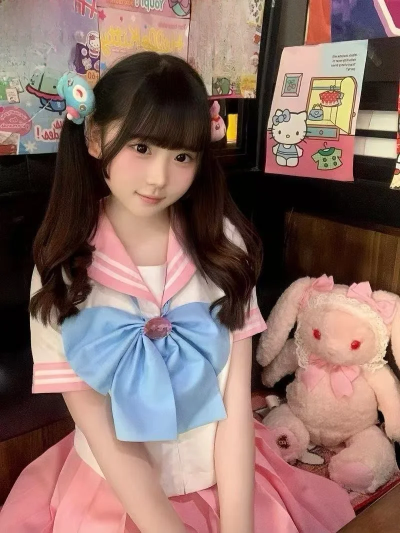 

Sweet Japanese Sle JK orm Set Women's Sailor Suit School orm Feel Skirt Tee-Piece Set ort Sve irt