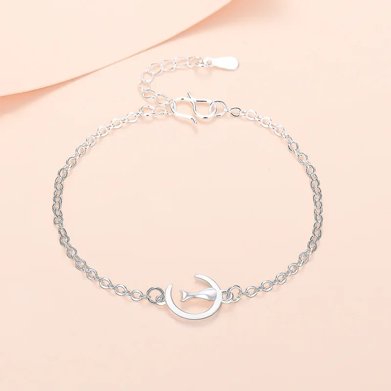 Sterling Silver Color Bracelets for Women Moon and Cat Charm Hand Chain Link Orignal Fashion Jewelry With Stamp