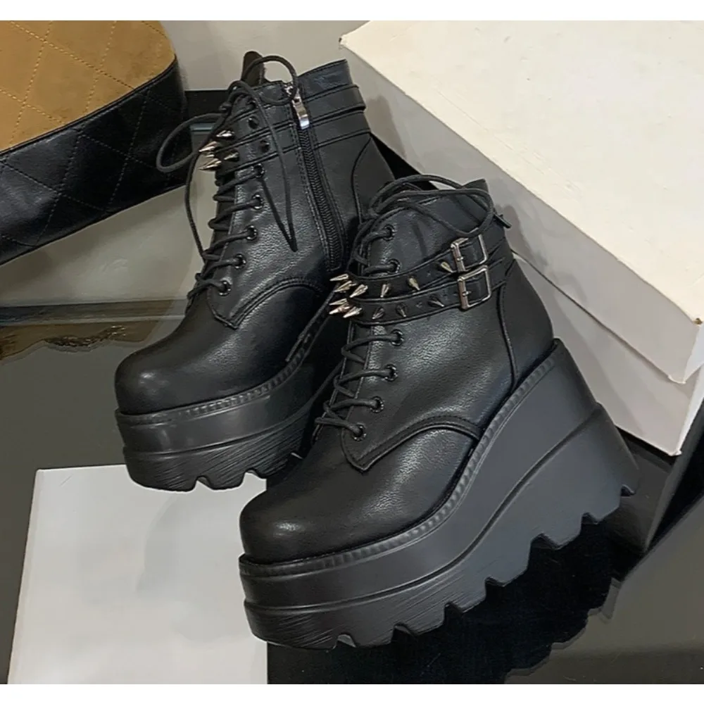 

New Women Pu Leather Ankle Booties Woman Autumn Winter Round Toe Lace Up Shoes Woman Motorcycle Platform Gothic Boots Cosplay