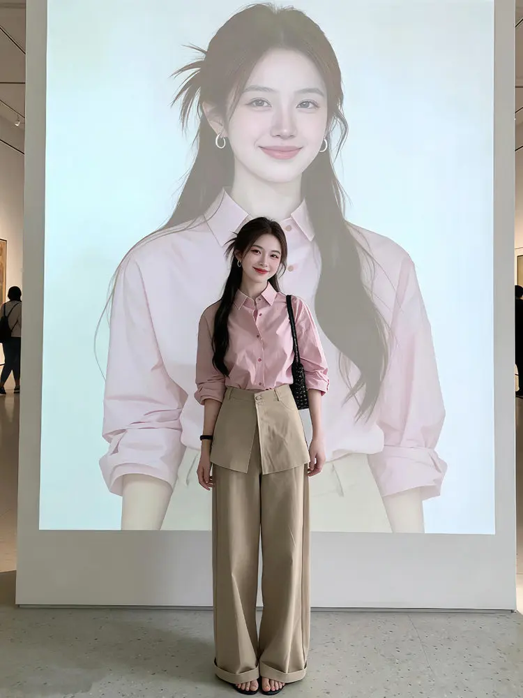 

Korean Style Commute Fashionable Two-Piece Set Women's 2026 New Pink Anti-Aging Loose Casual Long Pants Suit Spring Season