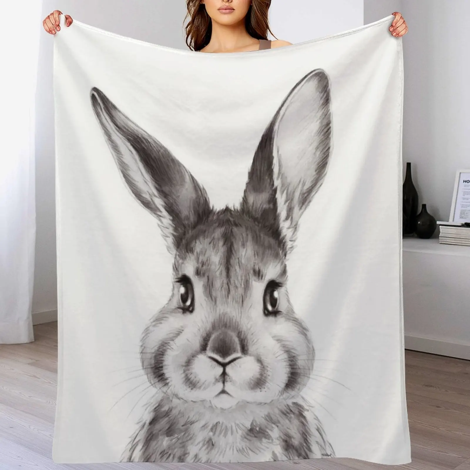 

Bunny - Black & White Throw Blanket Spring Fall Cozy Throw Blanket for Couch